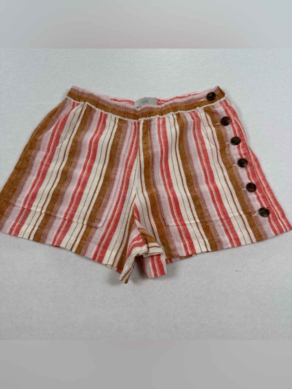 Joie 100% Linen Striped Shorts Women’s Small Side Buttons Back Pockets Beach - Picture 10 of 11